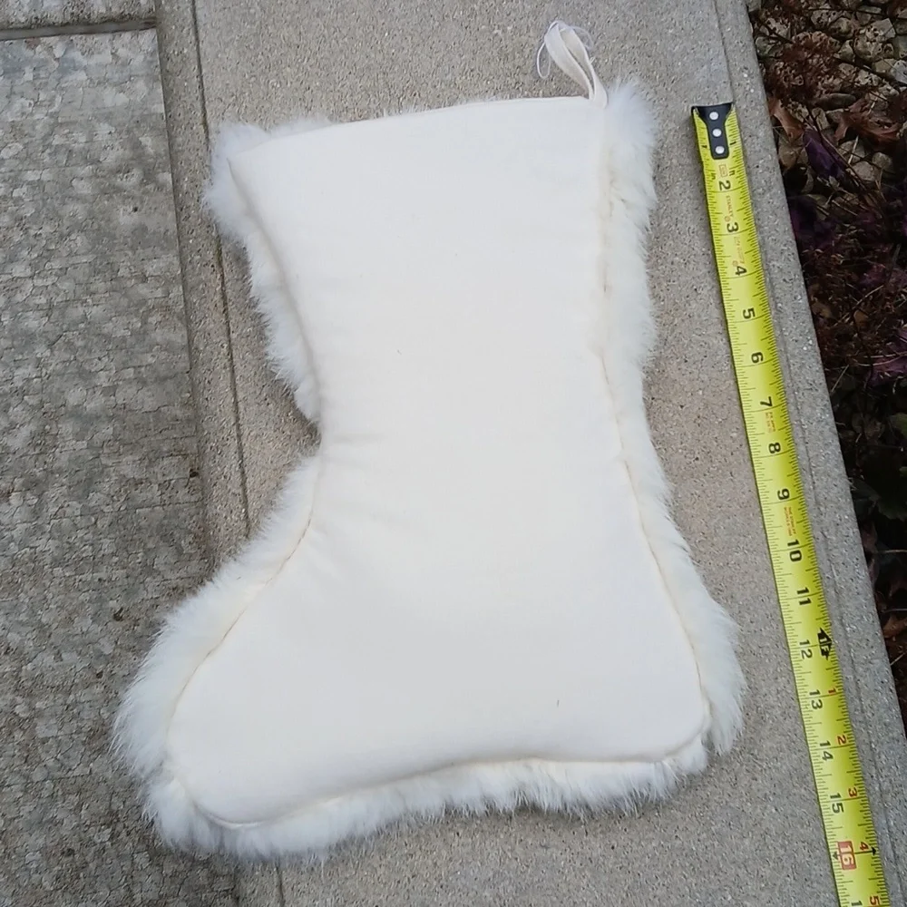 White Rabbit Fur Christmas Stocking with Red and Green Sled